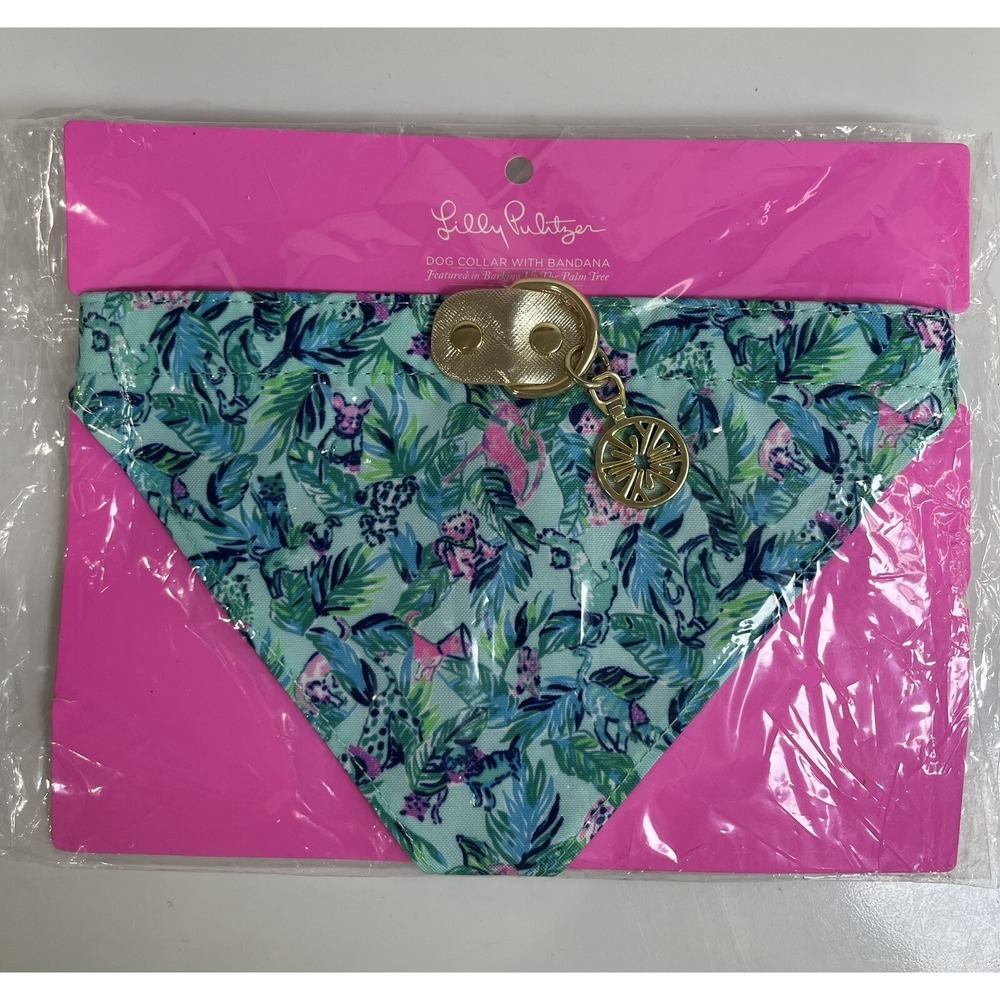 New Lilly Pulitzer Dog Collar W Bandana‎ Barking Up The Palm Tree Adjustable